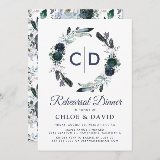 ボホブルー素朴フローラリハーサルディナー 招待状 (正面/裏面)