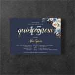 ボホブルー花乾燥葉キンセアニェラ 箔招待状<br><div class="desc">Boho Quinceaneraの招待は、乾燥したを持つ埃の多い青と中性のベージュ葉の花を特徴とする。</div>