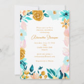 ボホブルー金ゴールドフローラフレーム縁どブライダルシャワー 招待状 (正面)