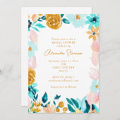 ボホブルー金ゴールドフローラフレーム縁どブライダルシャワー 招待状 (正面/裏面)