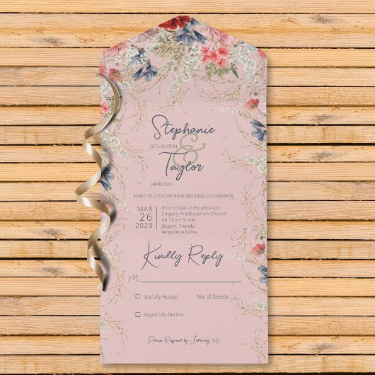 ボホブルー&ピンクフローラピンクNoディナー オールインワン招待状