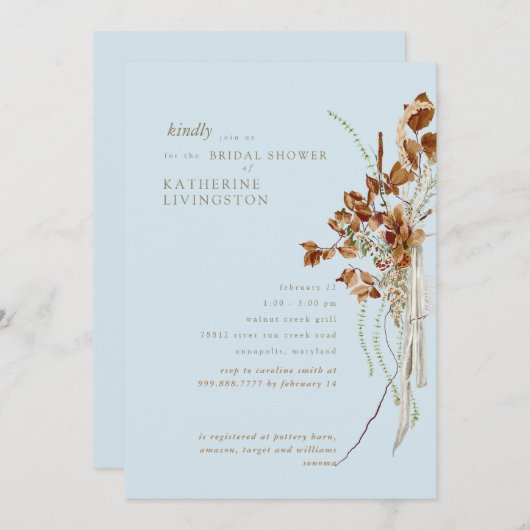 ボホブロージスカイブルーエレガントブライダルシャワー 招待状 (正面/裏面)