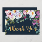 ボホプニーズネイビー金ゴールドフローラモダンサンキュー サンキューカード (正面/裏面)