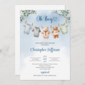 ボホベイビーブルー服ユーカリ赤ちゃんシャワー少年 招待状 (正面/裏面)