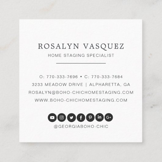 ボホベッドルーム | ホームステージングまたはインテリアデザイン スクエア名刺 (裏面)