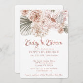 ボホベビーイン開花ピンクガールベビーシャワー 招待状 (正面/裏面)