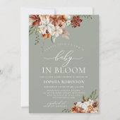 ボホベビーイン開花ワイルドフラワーグリーン赤ちゃんシャワー 招待状 (正面)