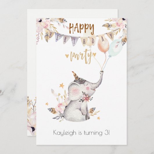 ボホベビーゾウ小さな女の子の誕生日パーティー 招待状 (正面/裏面)