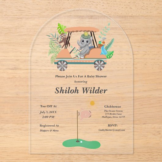 ボホベビーゾウ&モンキーゴルフベビーシャワー アクリル招待状 (正面)