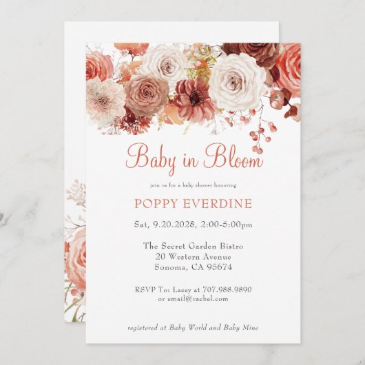 ボホベビー開花花模様ベビーシャワー 招待状 (正面/裏面)