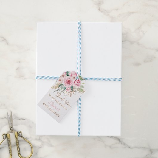 ボホベビー開花赤面ピンクフローラベビーシャワー ギフトタグ (より糸付き)