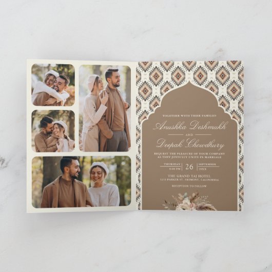 ボホベージュアイボリーイカットフォトコラージュインディアン結婚ズ 招待状 (内部)