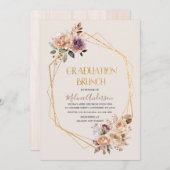 ボホベージュフラワーズ金ゴールド水彩卒業バー 招待状 (正面/裏面)