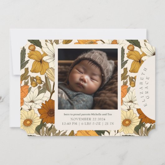 ボホベージュ秋フローラ生まれたばかりの誕生のお知らせ 招待状 (正面)