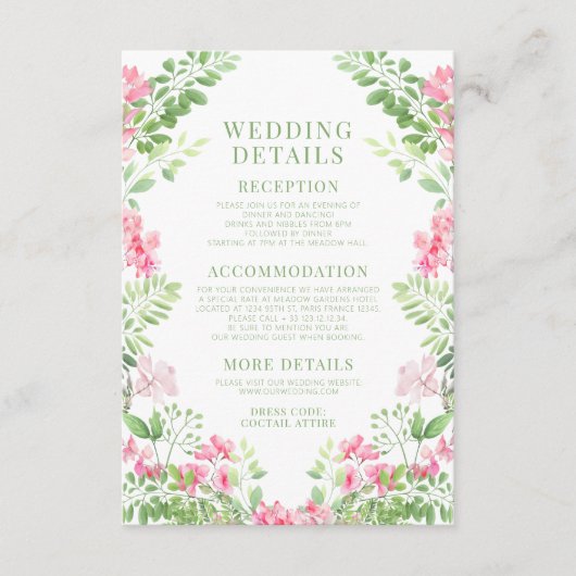 ボホホットピンクフローラリース庭園の結婚式詳細 エンクロージャーカード (正面)