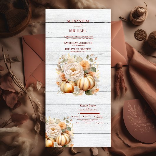 ボホホワイトと金ゴールドグリッターパンプキンス結婚ズ オールインワン招待状
