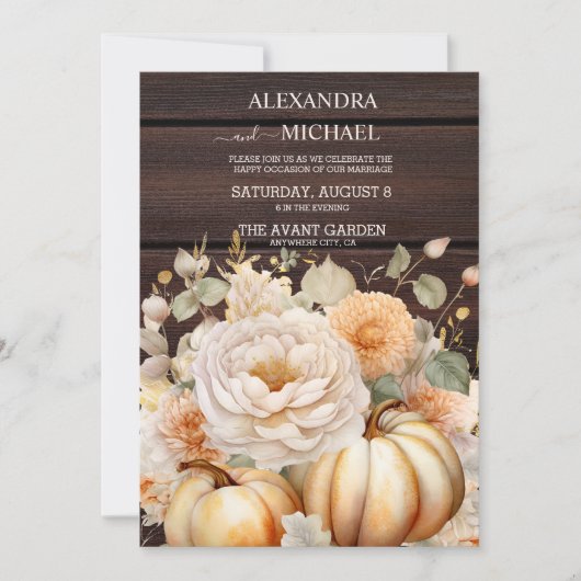 ボホホワイトと金ゴールドグリッターパンプキンス結婚ズ 招待状 (正面)