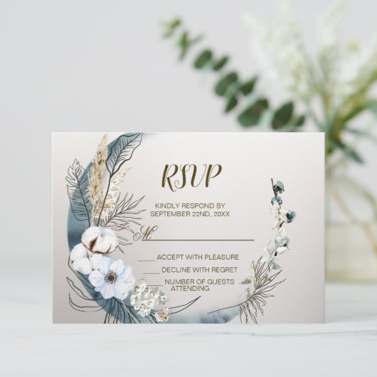 ボホホワイトオーキッドフラワーズブルームーンエレガントパーティー 出欠カード (スタンド正面)