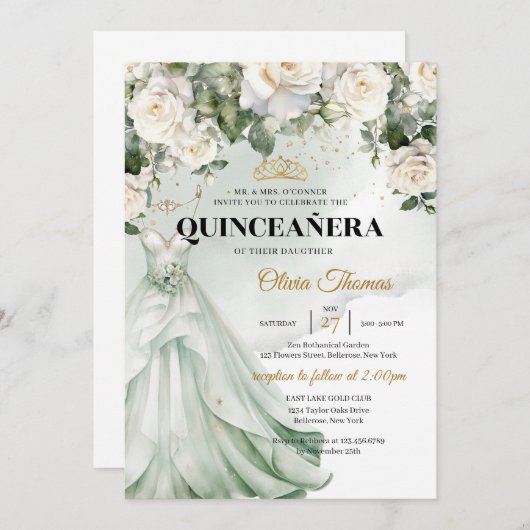 ボホホワイトドレス&ホワイトローズグリーンリーと金ゴールド 招待状 (正面/裏面)