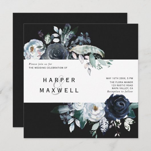 ボホホワイトネイビーピーニークラフト結婚ズスクエアブラック 招待状 (正面/裏面)