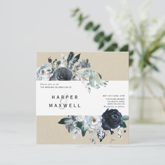 ボホホワイトネイビーピーニークラフト結婚ズスクエア 招待状 (スタンド正面)