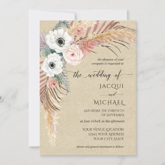 ボホホワイトピンクフローラパンパスグラス葉クラフト 招待状 (正面)