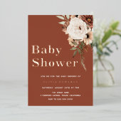 ボホホワイトフローラテラコッタベビーシャワーバラ金ゴールド 箔招待状 (立ち正面)
