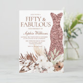 ボホホワイトフローラバラ金ゴールドドレス50th誕生日 招待状 (スタンド正面)