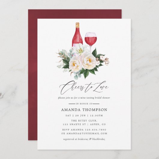 ボホホワイトフローラワインテイスティングブライダルシャワー 招待状 (正面/裏面)
