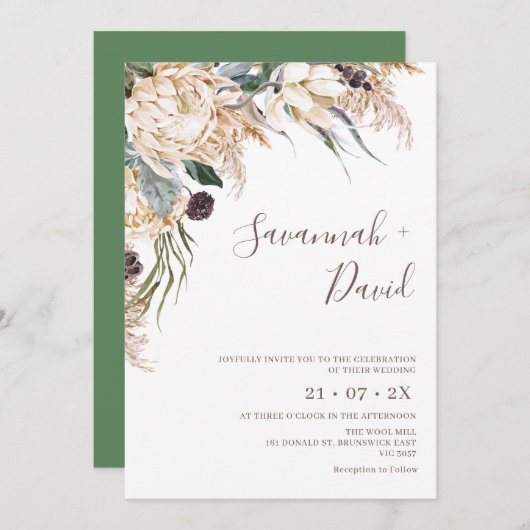 ボホホワイトプロテアパンパスグラス結婚式招待状 招待状 (正面/裏面)