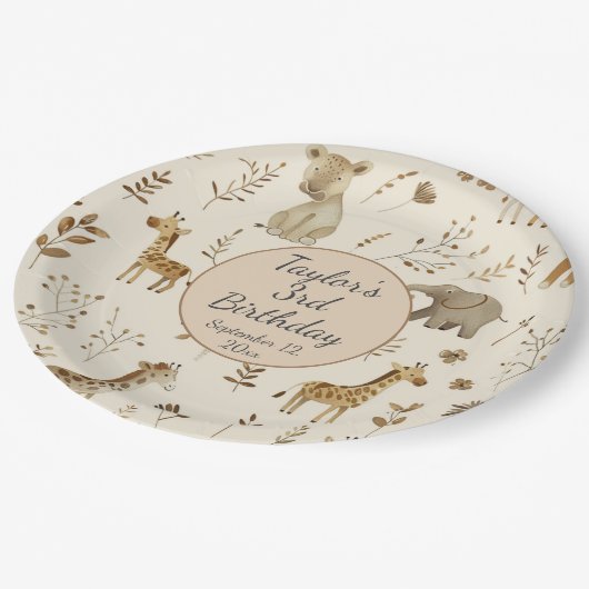 ボホホワイトベージュジャングルアニマルズ誕生日 ペーパープレート (アングル)