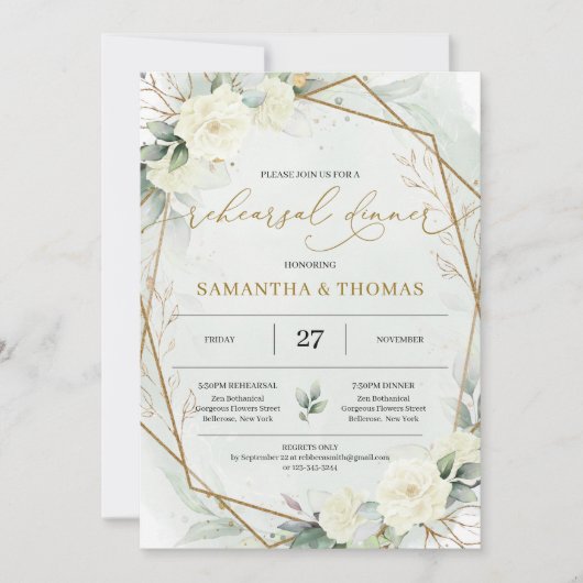 ボホホワイトローズグリーンリーリーフ金ゴールドリハーサル 招待状 (正面)