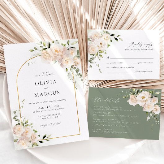 ボホホワイトローズフローラセージ金ゴールドアーチ結婚ズ セーブザデート