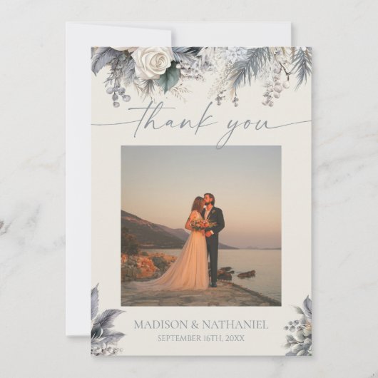 ボホホワイトローズフローラフラワーガーデン結婚ズ サンキューカード (正面)