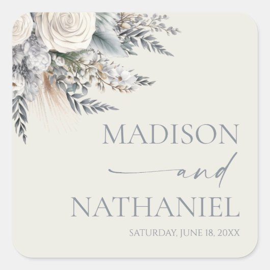 ボホホワイトローズフローラフラワーガーデン結婚ズ スクエアシール (正面)
