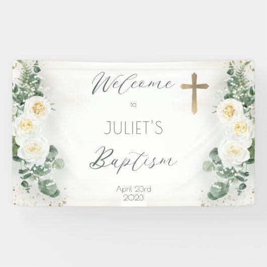 ボホホワイトローズフローラユーカリプタスバプテスウェルカム 横断幕 (横)