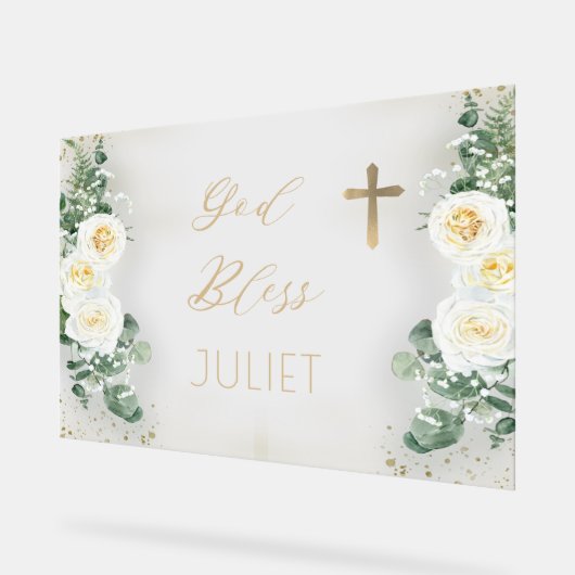 ボホホワイトローズフローラユーカリ洗礼神祝福 アクリルサイン (傾斜)