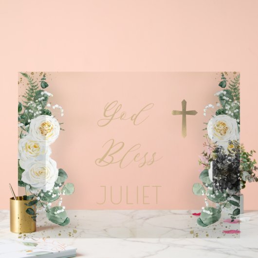 ボホホワイトローズフローラユーカリ洗礼神祝福 アクリルサイン (ウェディング)