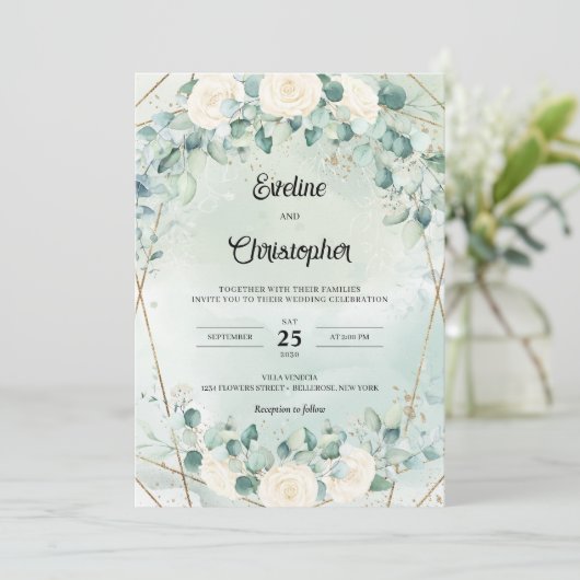 ボホホワイトローゼユーカリフェイク金ゴールド枠 招待状 (スタンド正面)