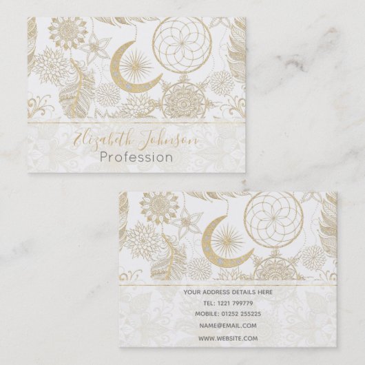 ボホホワイト金ゴールドフローラ羽毛夢捕手 名刺 (正面/裏面)