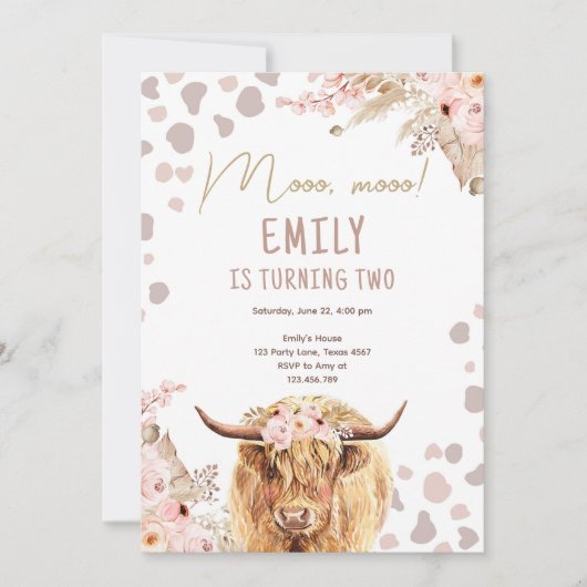 ボホホーホーホビーカウハイランドパンパスファームガール誕生日 招待状 (正面)