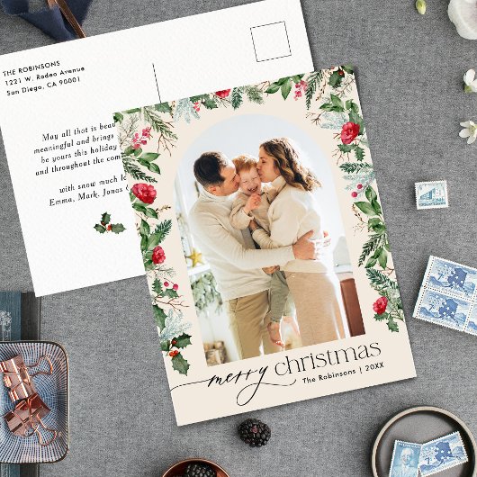 ボホボタニカルアーチメリークリスマスフォトホリデー ポストカード