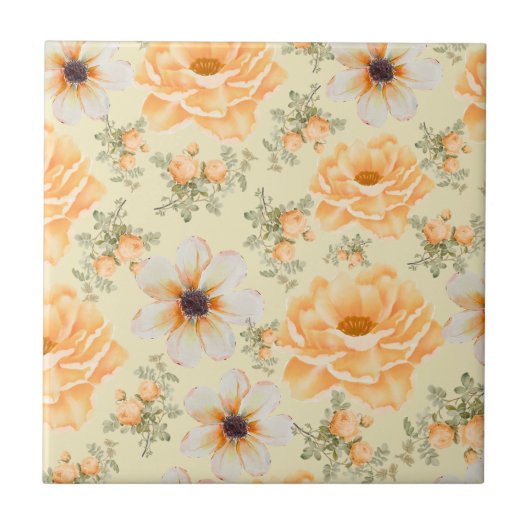 ボホボタニカルウォーターカラーオレンジクリームフローラ タイル (正面)