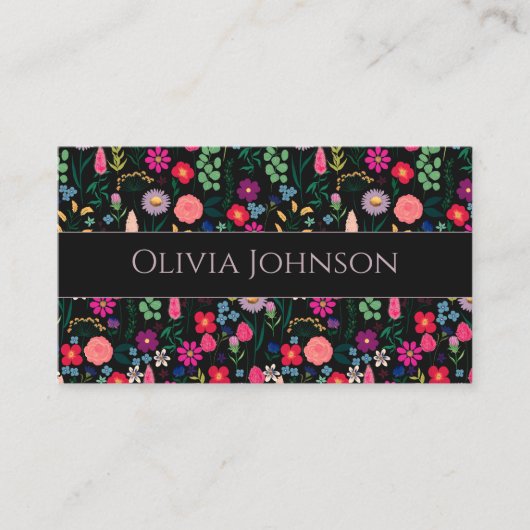 ボホボタニカルウォーターカラーフラワーズブラック 名刺 (正面)