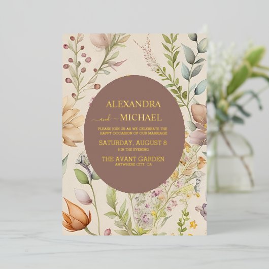 ボホボタニカルウォーター色ワイルドフラワー結婚ズ 箔招待状 (立ち正面)