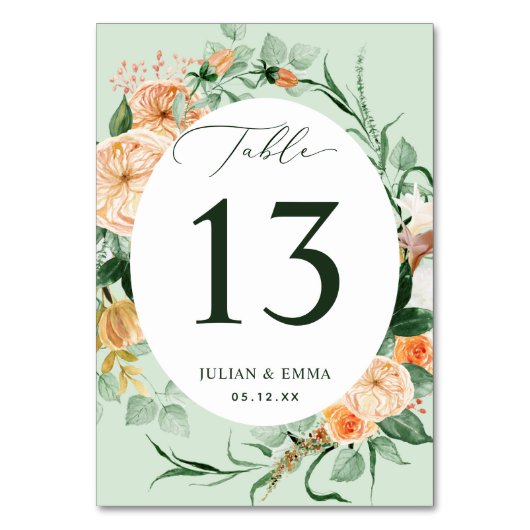 ボホボタニカルセージ緑パーソナライズされたフローラ テーブルナンバー (正面)