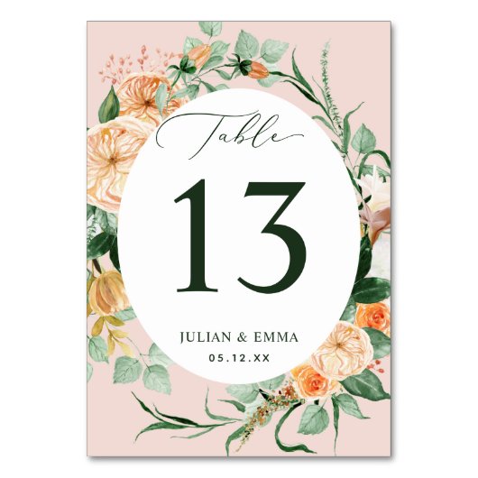 ボホボタニカルピンクグリーンパーソナライズされたフローラ テーブルナンバー (正面)