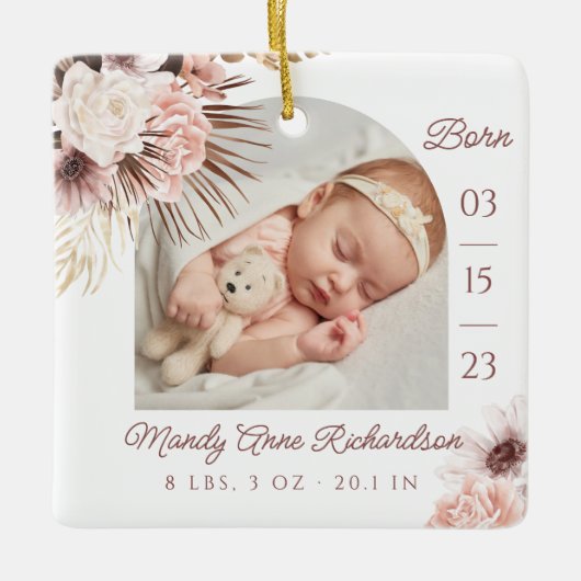 ボホボヘミアンピンクフローラベビー誕生写真 セラミックオーナメント (正面)