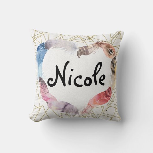 ボホボヘミアンフェザーハート金ゴールド幾何学的モダン クッション (正面)