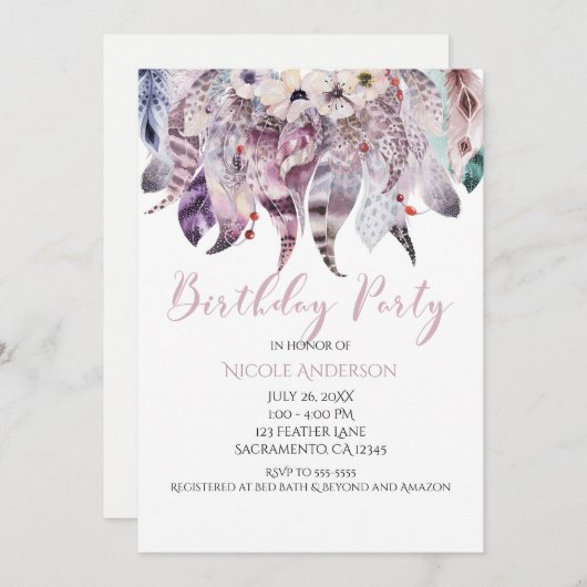 ボホボヘミアンフェザーバースデーパーティ招待状 招待状 (正面/裏面)